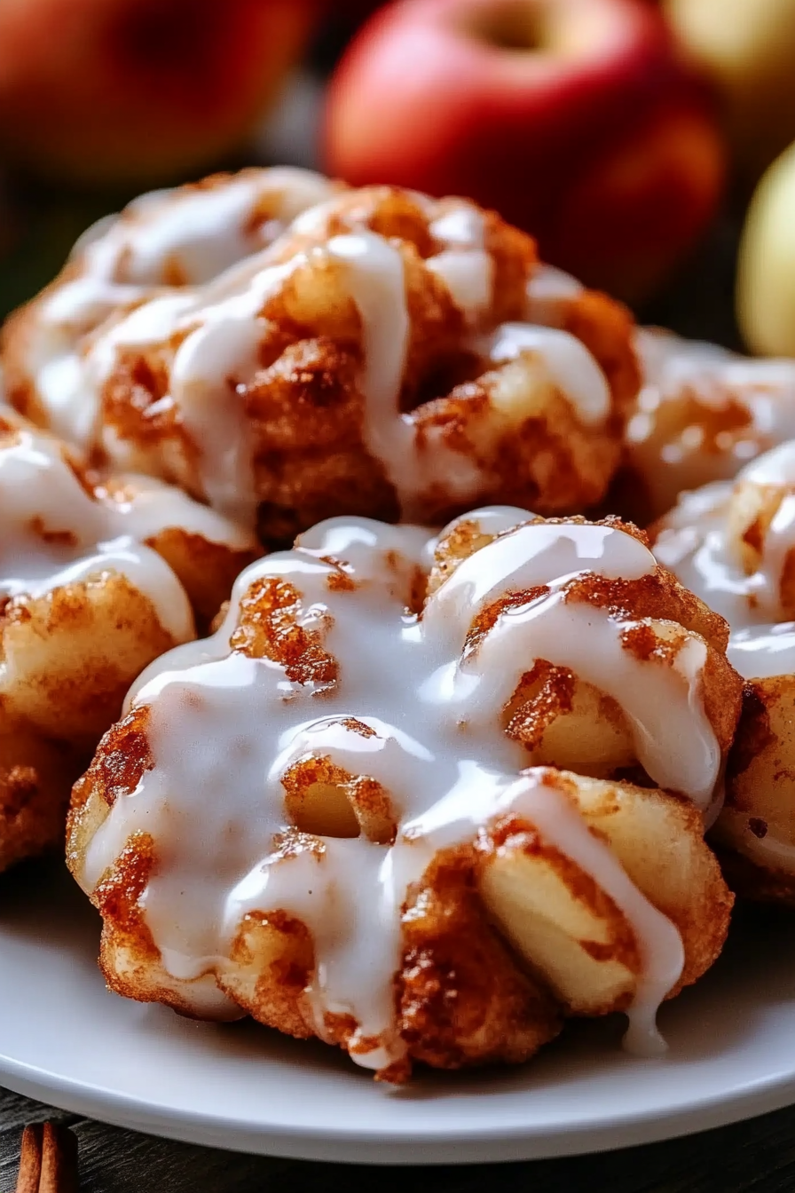 SOFT CINNAMON APPLE FRITTERS WITH VANILLA GLAZE