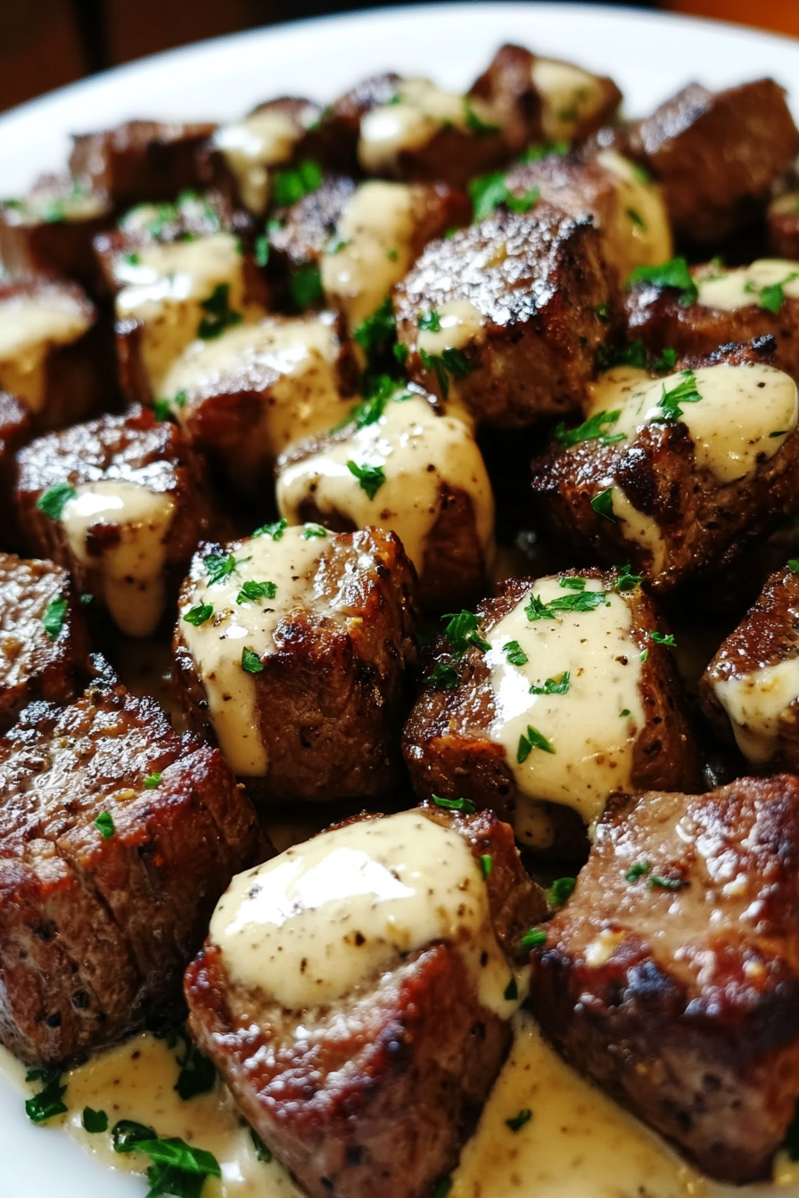 GARLIC BUTTER STEAK BITES WITH PARMESAN CREAM SAUCE