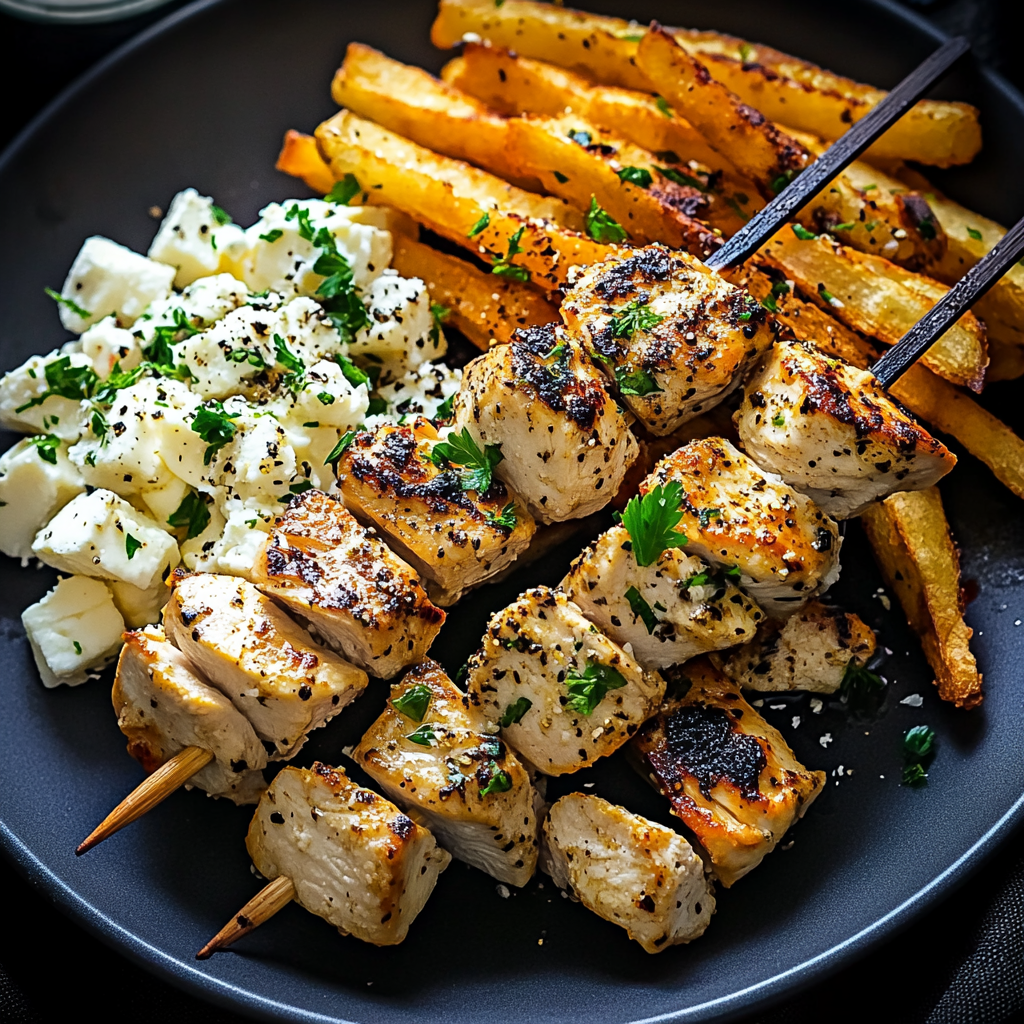 Greek Chicken Skewers with Feta Fries Recipe