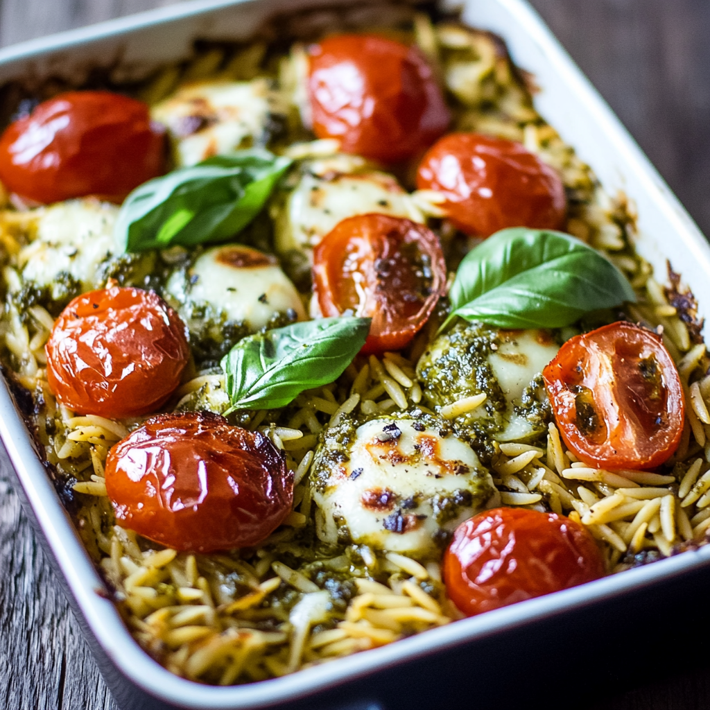 One Pan Caprese Pesto Orzo Bake Recipe