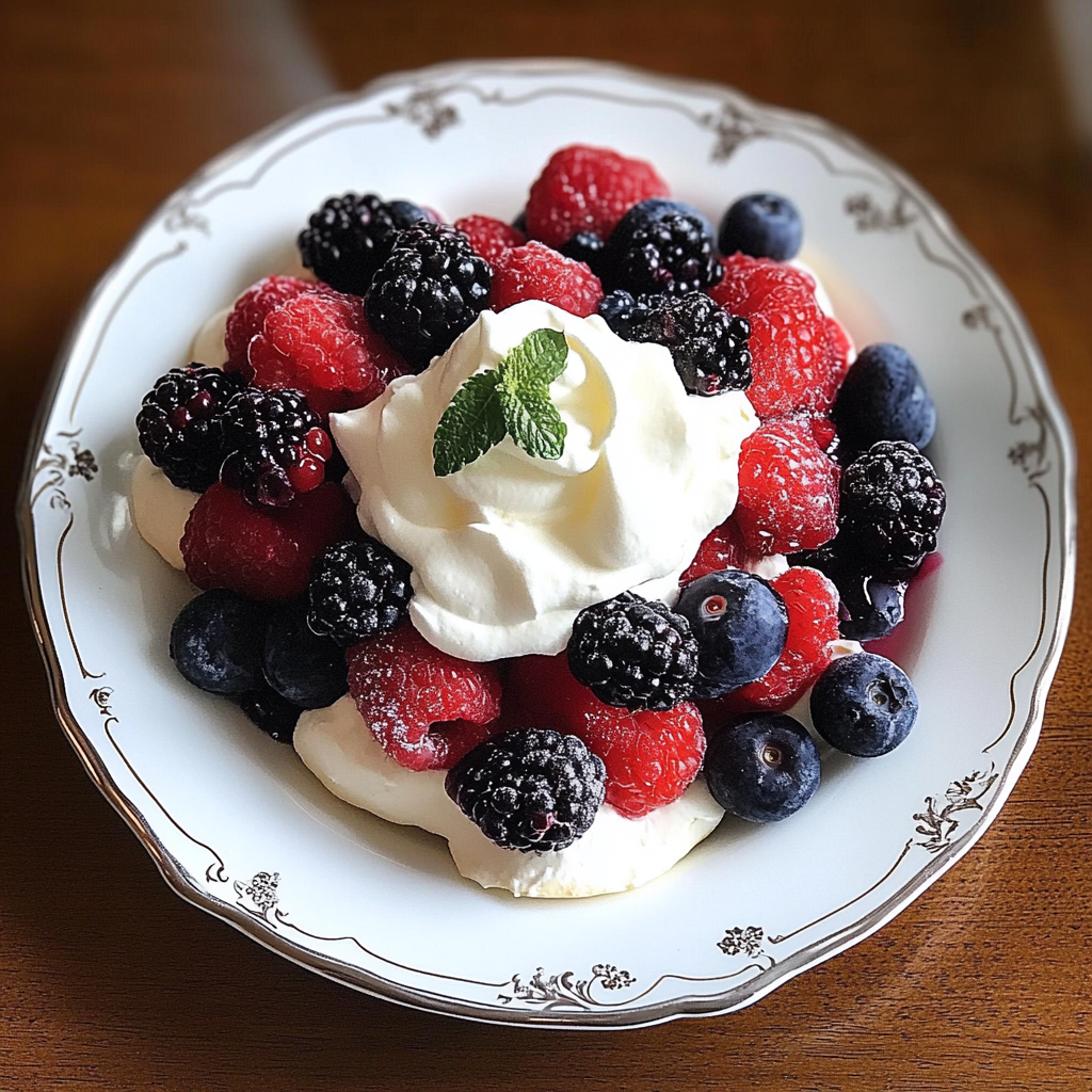 Pavlova with Mixed Berries and Whipped Cream
