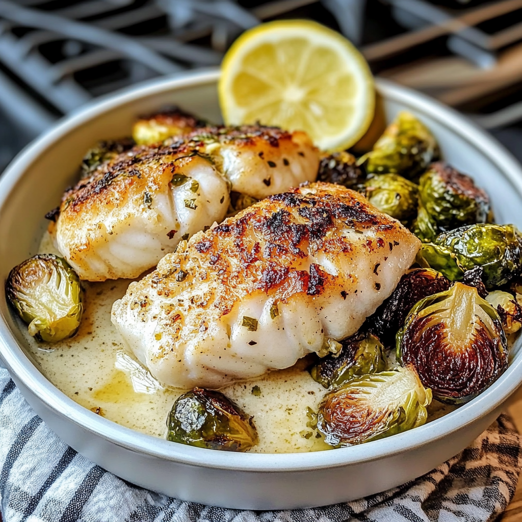 Lemon Garlic Butter Cod Bowls with Roasted Brussels Sprouts