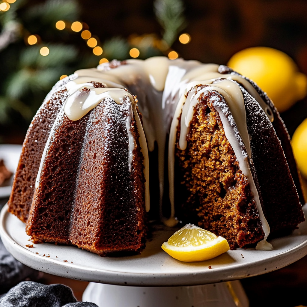 Old-Fashioned Gingerbread Bundt Cake with Lemon Glaze