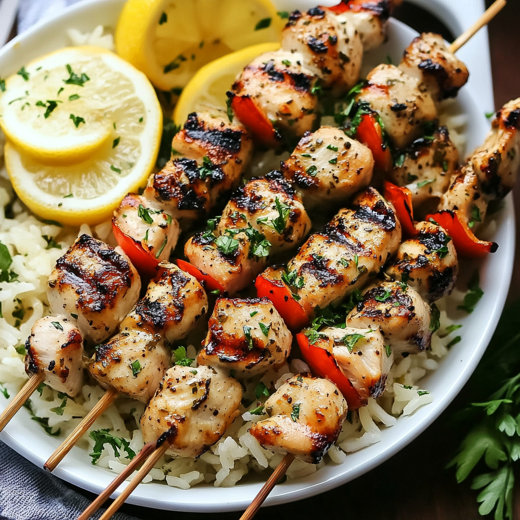 Greek Chicken Skewers with Lemon Rice