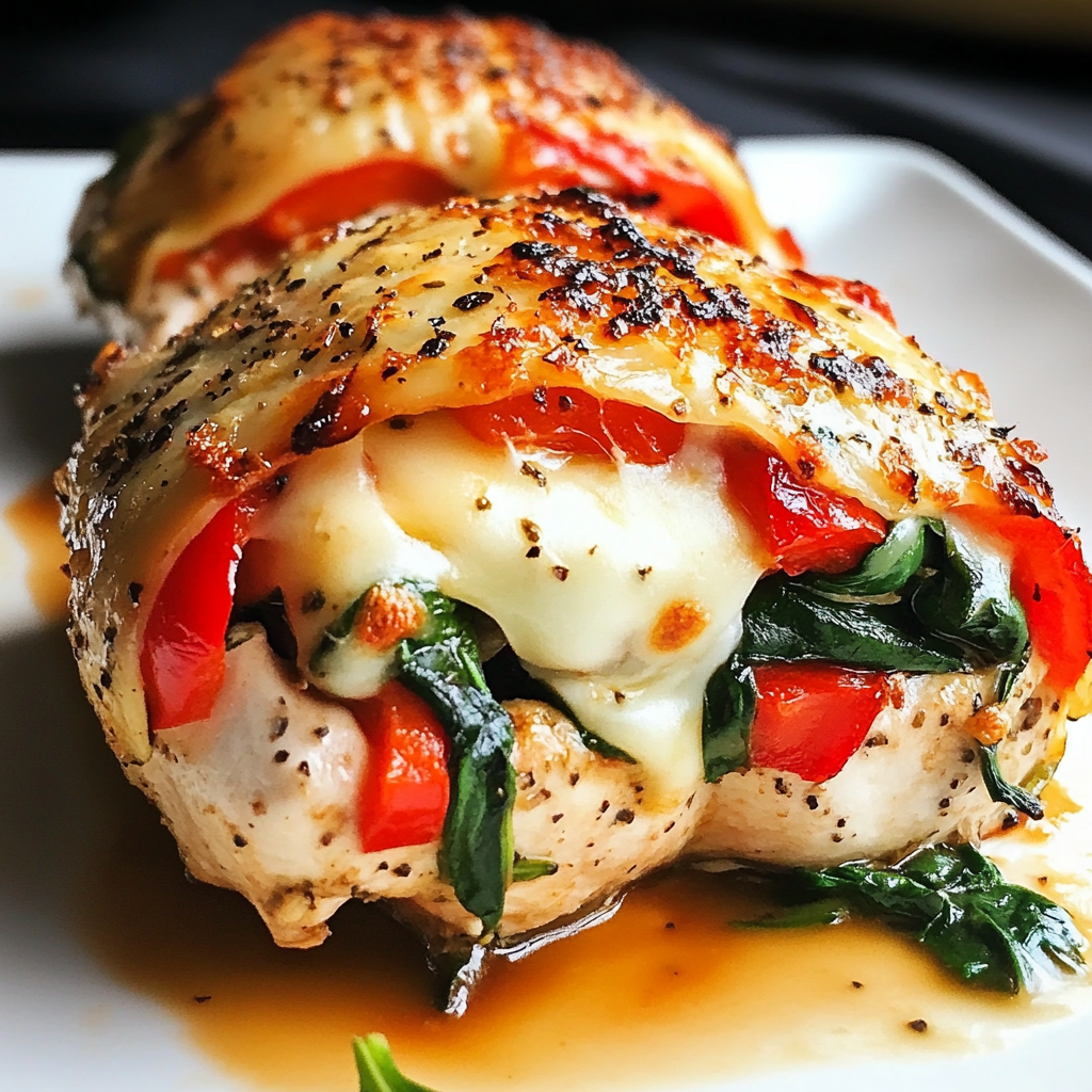 Baked Roasted Red Pepper, Spinach, and Mozzarella Stuffed Chicken