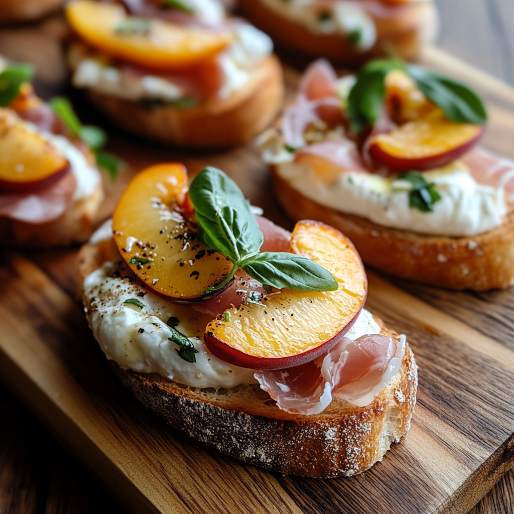 Cheesy Burrata Crostini with Prosciutto and Peaches
