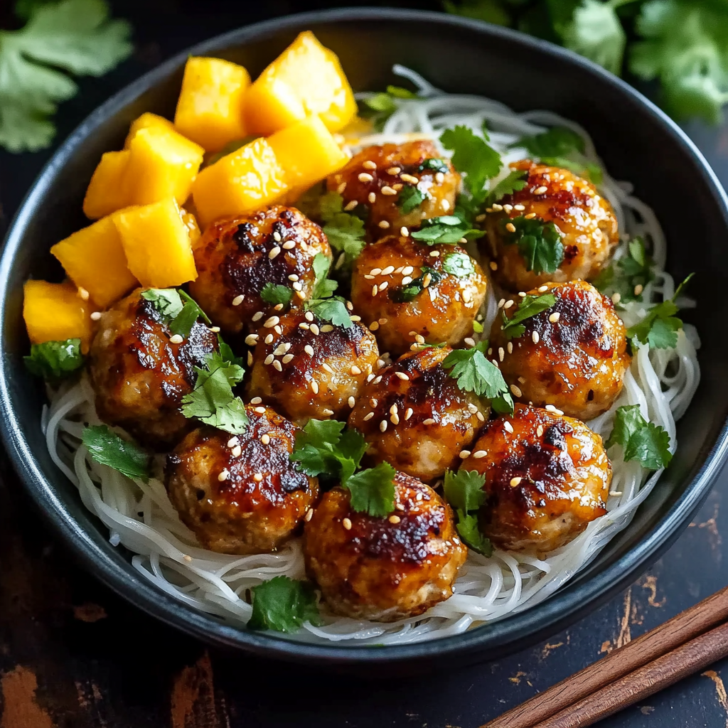 Spicy Asian Chicken Meatballs with Rice Noodles and Mango