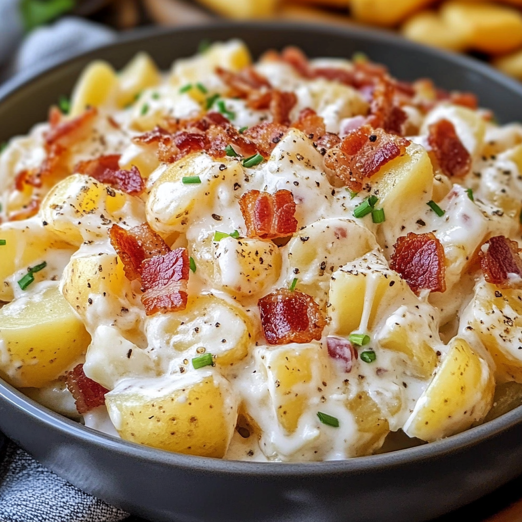 Creamy and Savory Warm Bacon Cheddar Potato Salad