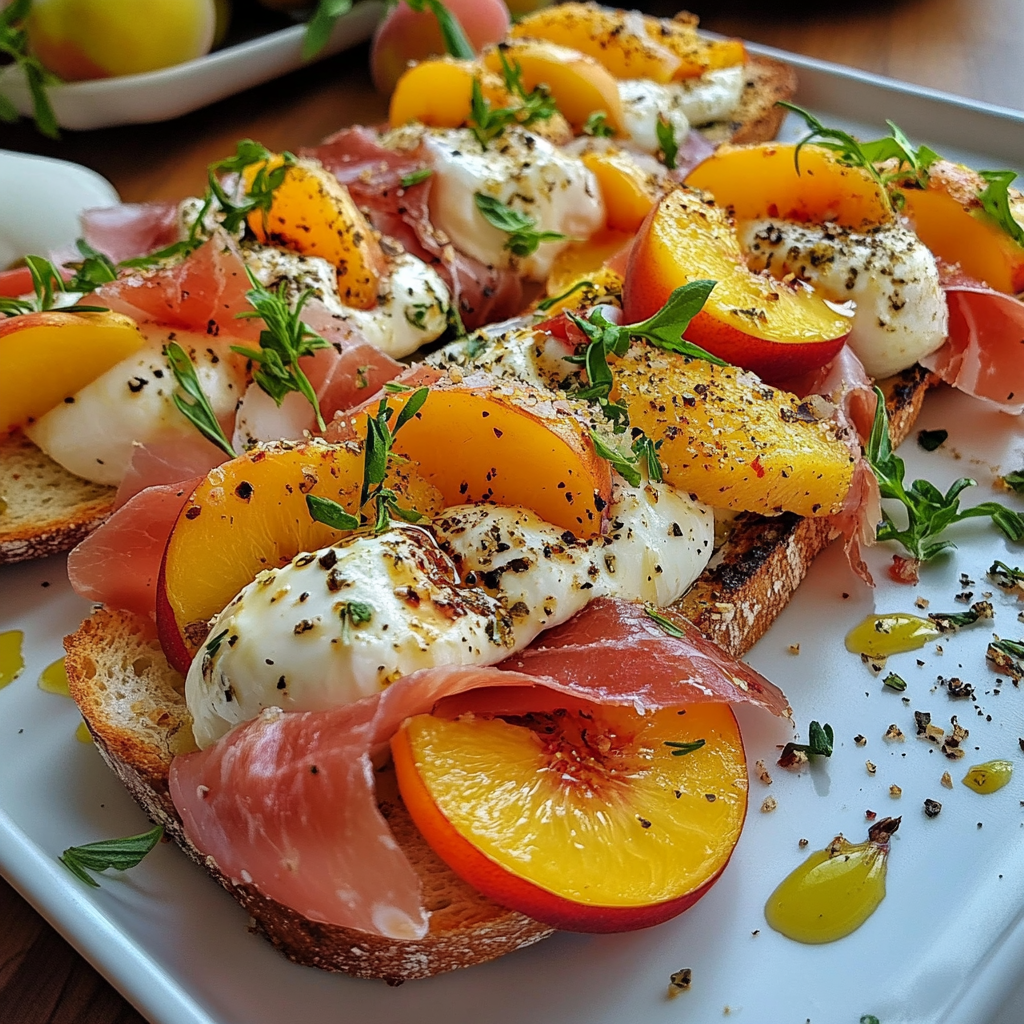 Cheesy Burrata Crostini with Prosciutto and Peaches.