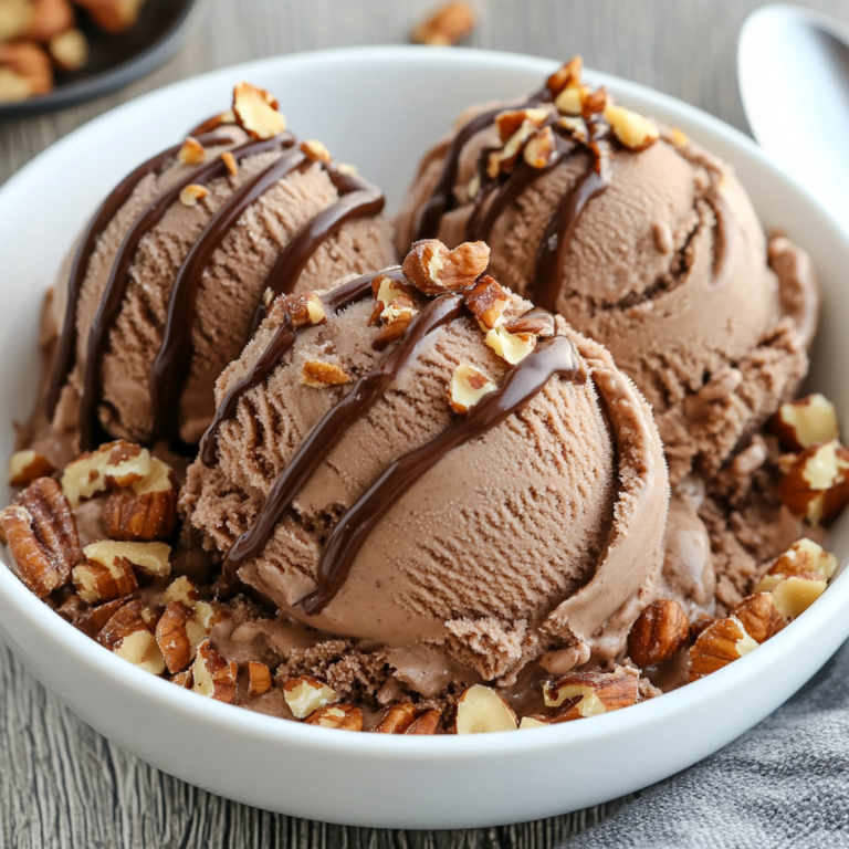 Homemade Chocolate Ice Cream with Nuts & Fudge Drizzle