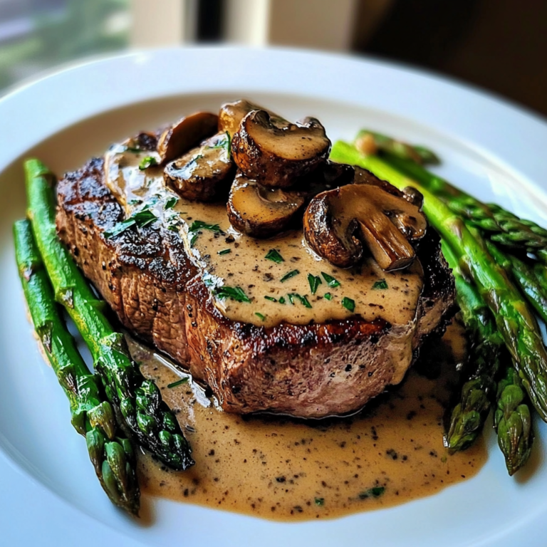 Steak with Creamy Mushroom Sauce & Asparagus