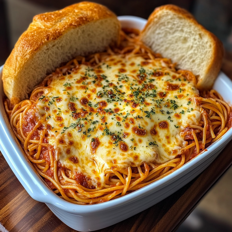 Cheesy Baked Spaghetti with Garlic Bread
