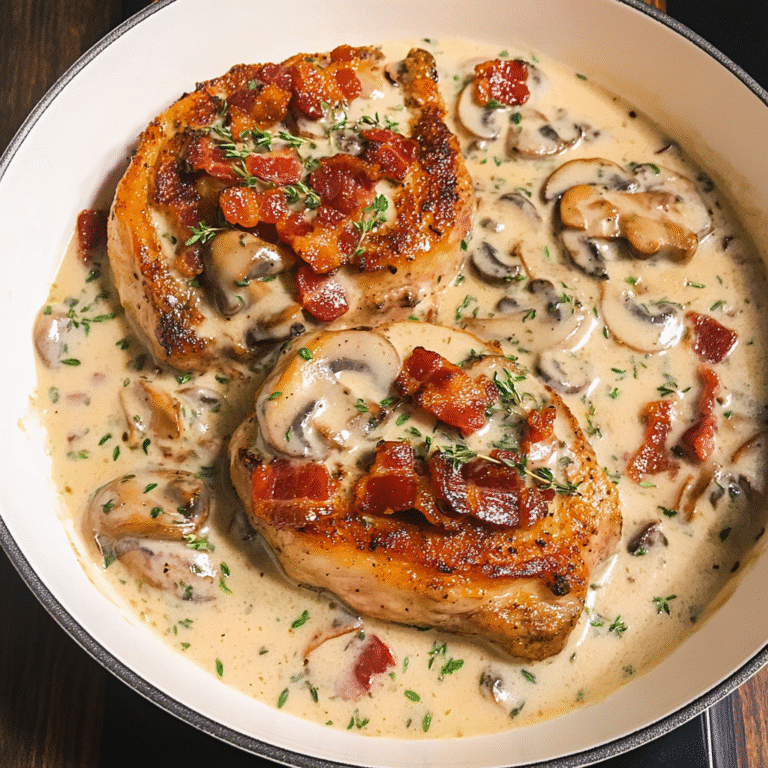 Smothered Pork Chops with Bacon, Mushrooms, and Fresh Thyme Cream Sauce