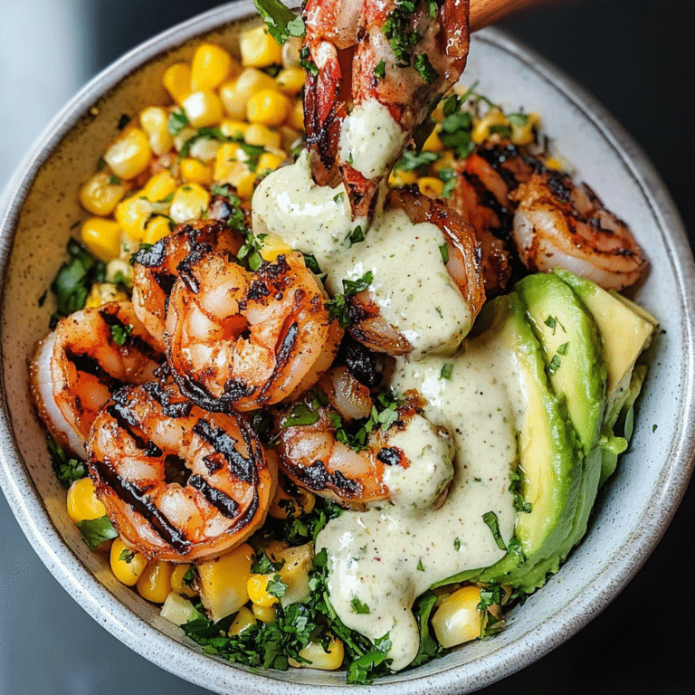 Grilled Shrimp Bowl with Avocado, Corn Salsa & Creamy Garlic Sauce