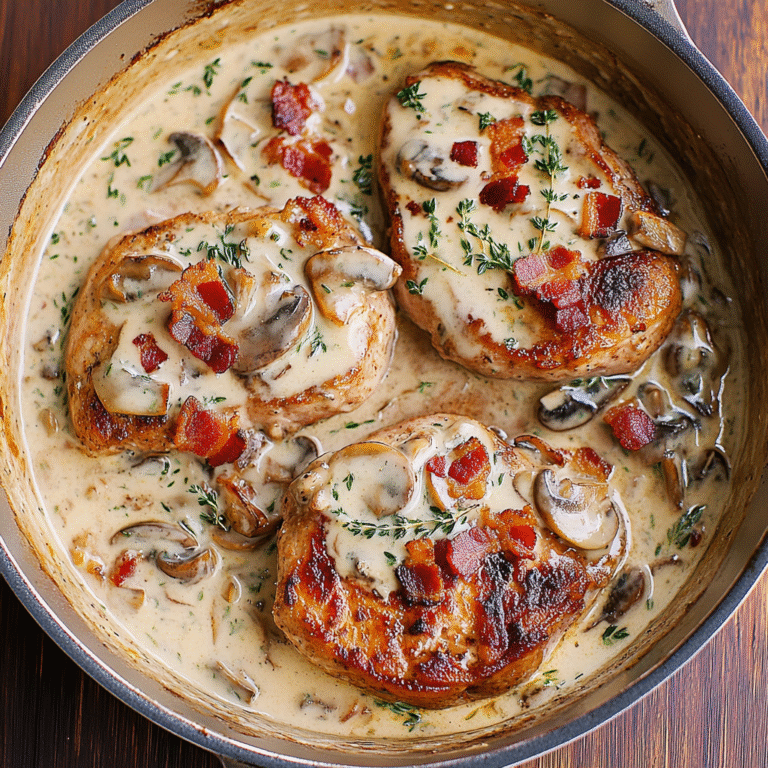 Smothered Pork Chops with Bacon, Mushrooms, and Fresh Thyme Cream Sauce